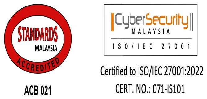 Standards Malaysia accredited, CyberSecurity Malaysia ISO/IEC 27001:2022 certification mark, Cert. No. 071-IS101